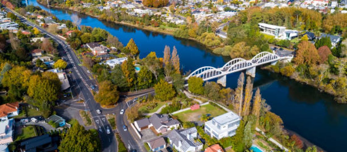 Aerial view from Waikato River, Hamilton, New Zealand